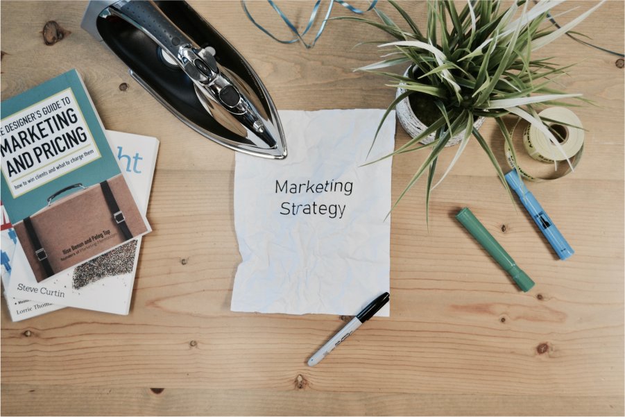 Items on a table with sign that says "Marketing Strategy"